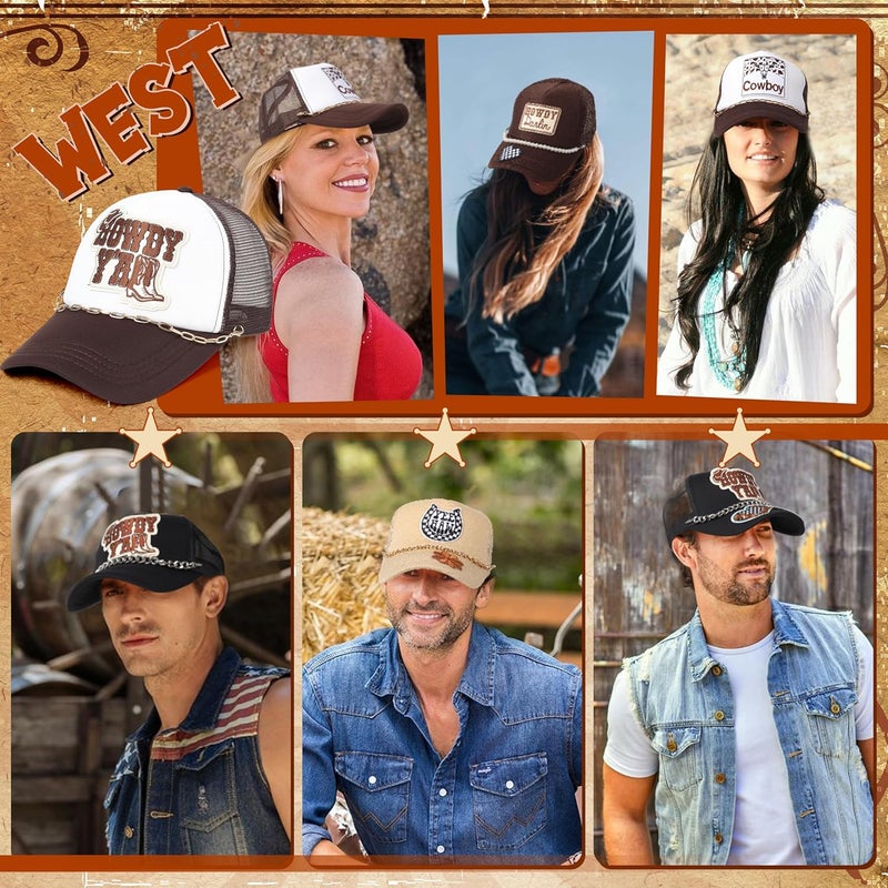 Meneng Western Trucker Hat for Cowboy: Men Women Adjustable Snapback Caps with 8pcs Embroidered Patches and a Chain - Image 2